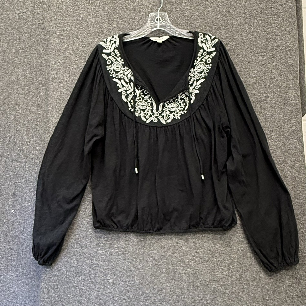 Lucky Brand Boho Peasant Top Size L Black Floral Embroidery Cottagecore Western